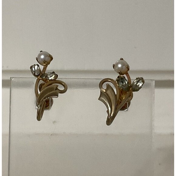 Vintage 14 KG F Screw Back Earrings With Pearls & Crystals Gold Tone Floral Desi - Picture 1 of 5